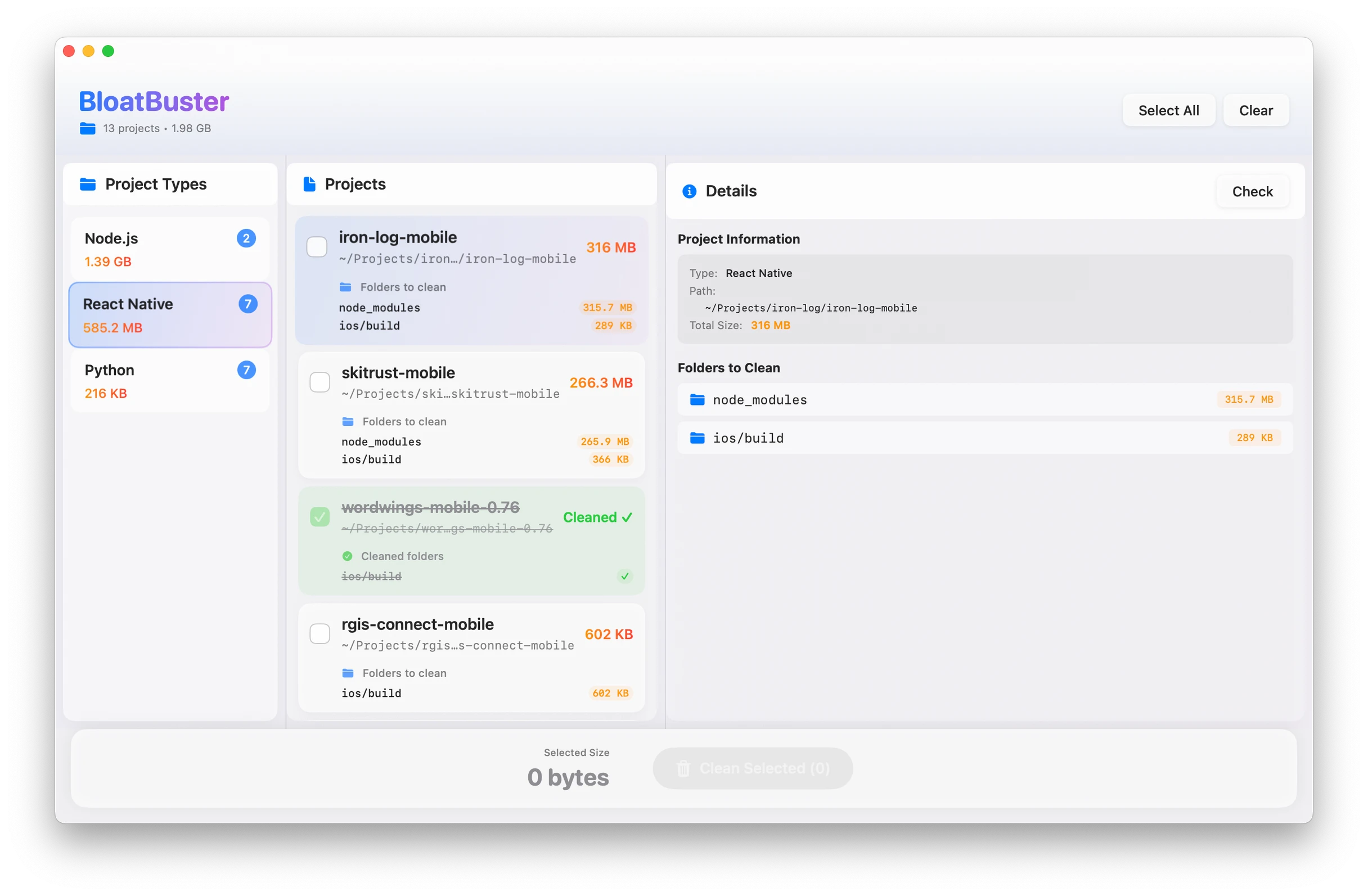 BloatBuster app screenshot showing drag and drop interface